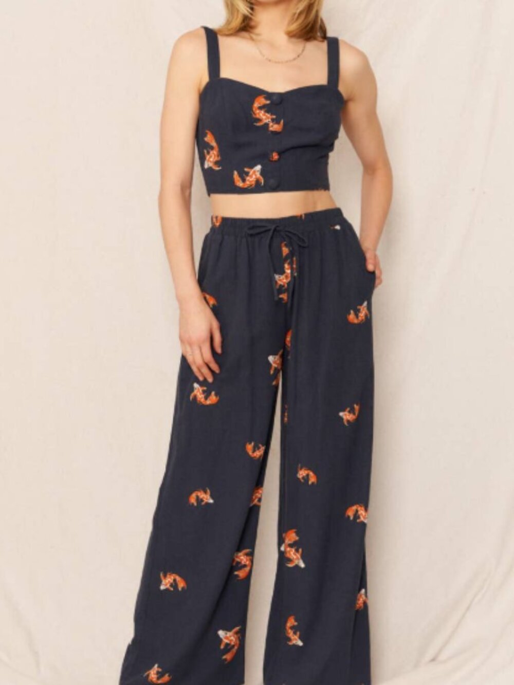 Women's Navy Blue Koi Print Linen Pants